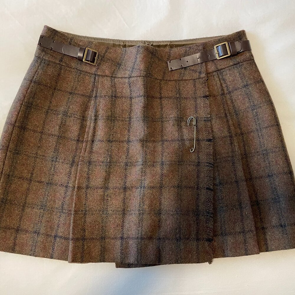 MAX STUDIO COUNTRY 0 XS, Brown Tartan Kilted Mini Skirt w/ Leather Buckles